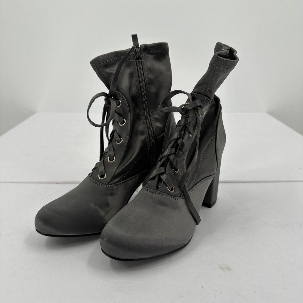 Indulge Womens Dark Gray Satin Ankle Booties Lace Up Block Heel Size 6.5